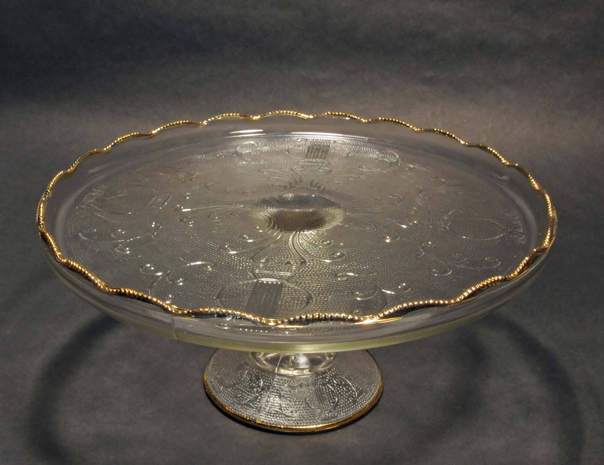 Glass cake stand harp design gold trim vintage