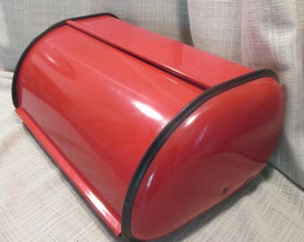 Pretty, Red Retro, Bread Box, Metal Roll Top, Cottage Chic, French Country, Beach Cottage Decor, Kitchen Storage, Counter Organizer, Cabinet