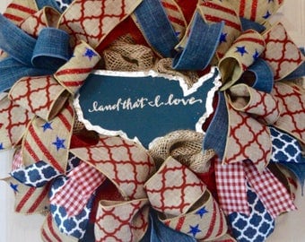 Land that I Love Red and Blue Burlap Mesh Wreath; Country Primitive Patriotic Decor Wreath; Fourth of July Memorial Day Labor Day Wreath
