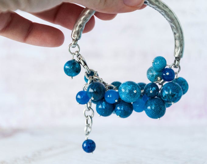 Womens blue bracelet, Blue beaded bracelet, Silver blue bracelet, Blue bridal bracelet, Blue bangle bracelet, Celestial bracelet