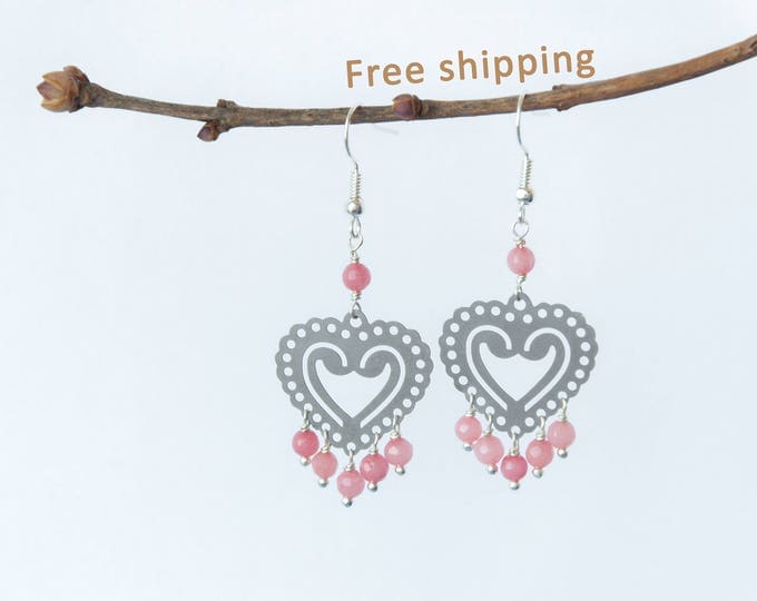 Pink chandelier earrings, Gift for wife birthday, Valentine day gift for wife, Pink stone earrings, Opal birthstone earrings