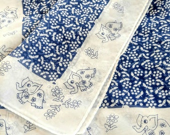 ADORABLE Rare Vintage Scarf-Happy Elephants with Flowers-Blue and White-Daisys-Head-Neck-All Orders Only 99c Shipping!!