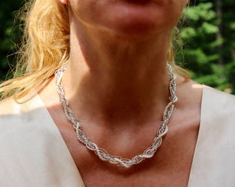 White pearl necklace, pearl twist necklace, silver and pearl necklace, sterling silver choker, pearl choker, silver chain pearl twist choker