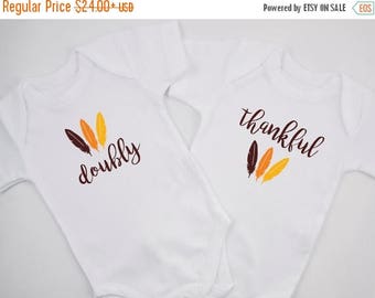 LATE SHIP SALE Thanksgiving Twin Outfits, Doubly Thankful Set of 2 Matching Bodysuits, Babys First Thanksgiving Outfit, Baby Twin Thanksgivi