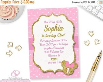 50% OFF SALE Pink and Gold Minnie Mouse Birthday Party Invitation, 1st Birthday, Gold Glitter, Polka Dot invite, Girl, Printable Invitation,