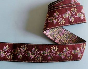 Burgundy woven Ribbon, pink and green floral pattern (ref 870 60 22)