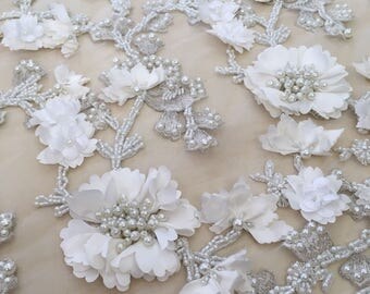 Luxury 3D off white flower lace fabric, ivory pearl beaded, hand made, 3d white chantilly lace fabric, 3D lace, embroidered lace, B00194