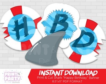 Printable Boy's Shark Happy Birthday Banner, Shark Birthday Party Decorations, Great White Shark Party Printables, Instant Download