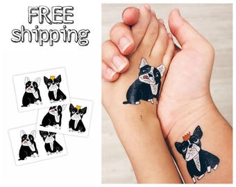 Set of 3 temporary tattoos «Bulldogs». Kids body stickers with funny bulldogs, pet, dog, crown. Playdate and party bag supply. TT200