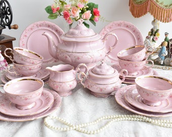 Vintage tea set porcelain tea set vintage tea set for six tea cup set porcelain teacup set pink porcelain teaset coffee
