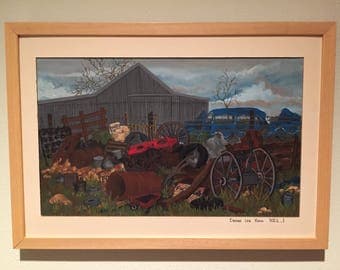 Wonderful acrylic or gouache painting on board of a farm scene