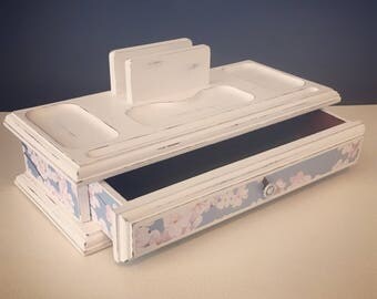 White cherry blossom dresser valet/charging station -vintage upcycled