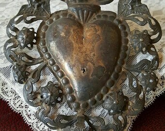 Save 25% Antique Italian Sacred Heart Ex Voto HM Flaming Heart Religious Ornament Valentine Angel Ex Voto Cherub Ex voto