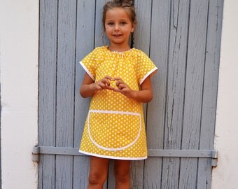 Girls 4-6 Years Yellow with White Polka Dots School Art Smock 100% Cotton Tablier Filles Ecolier Jaune 4-6 Ans Maternelle Petit Pois