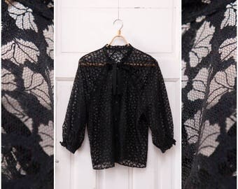 Vintage Sheer Black Blouse Oversize Lace Blouse Gothic Top Tie Blouse Raglan Balloon Sleeves Top Womens Large Lace Button Up Top Goth Blouse