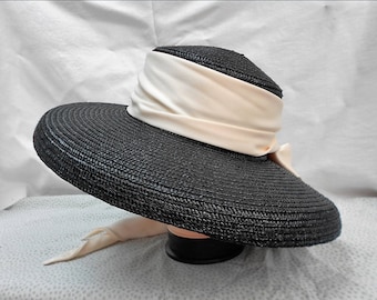 Audrey Hepburn-Style Hat. Chapeu du Matin. Black Hat with Cream Scarf. Ascot Hat. Kentucky Derby Hat. Breakfast at Tiffany's.