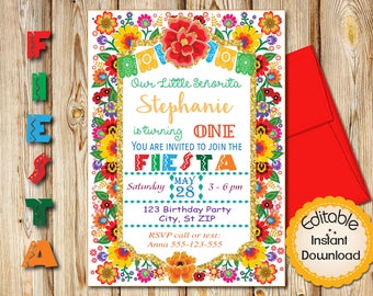 First Birthday Invitation, Mexican Fiesta Flowers, Gold Glitter, INSTANT download, EDITABLE in Adobe Reader, DIY, Printable, 5"x7" each