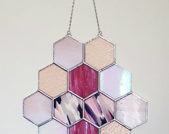 Pink, Honeycomb, Stained Glass Panel, Suncatcher, Geometric Wall Art, Tiffany, Suncatcher, Mid Century Modern, Sandinavian, Wedding