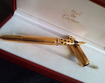 OFFER CARTIER PANTHERE Godron Gold Plated Fountain Pen, Cartier Panthere Gold Godron Fountain Pen Medium(M) 18K 750 Gold Nib, Cartier Pen