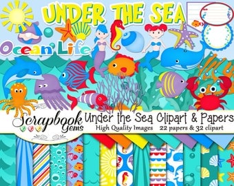 UNDER THE SEA Clipart and Papers Kit, 32 png Clip arts, 22 jpeg Papers Instant Download ocean beach whale crab dolphin nautical water bubble