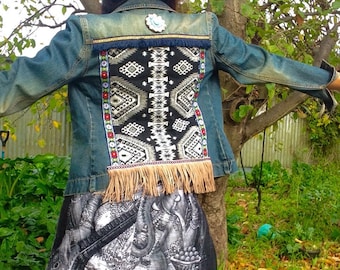 Boho gypsy styled upcycled & embellished denim jacket