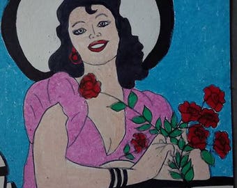 drawing woman with bouquet