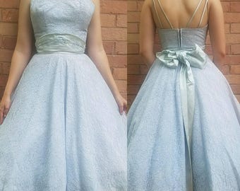 Vintage 1950s dress small medium blue lace fit-and-flare New Look Dior party dress women's clothing vow straps unique Mad Men Betty Draper