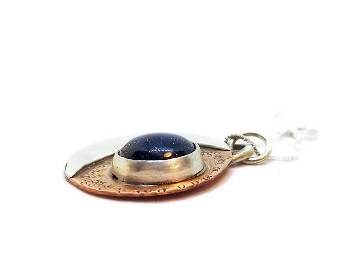 Mixed Metal Moon Necklace, Blue Sandstone Gemstone Necklace, Sterling Silver Celestial Necklace, One of a Kind Gemstone Jewelry