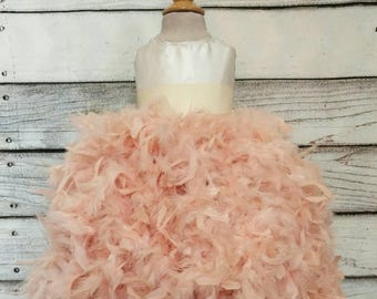 Gorgeous couture flower girl dress,rustic blush flower girl dress,blush ball gown flower girl dress,feather flower girl dress