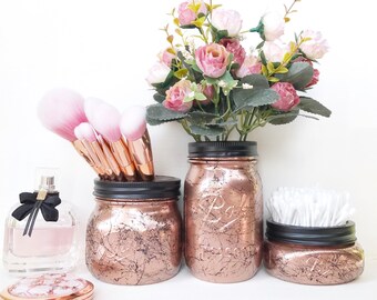 Copper Mason Jar, Rose Gold Dressing Table, Marble Accessories, Rose Gold Decor, Makeup Brush Holder, Marble Mason Jar, Desk Accessories