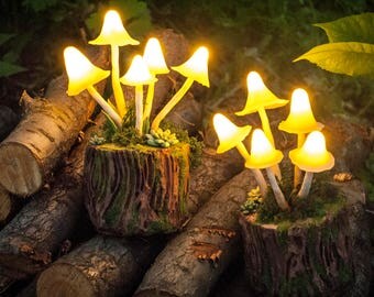 Mushrooms Night Light - Mashroom lamp - Polymer Clay Fungi - moss and succulent - fairy decor - LED