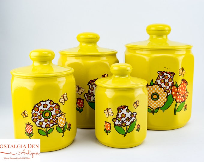 Retro Canister Set | Mod Flower and Butterfly Canisters | Aluminum Kromex Kitchenware
