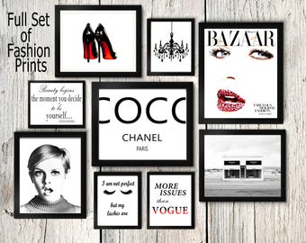 Fashion set prints, Coco Chanel print, twiggy wall art, eyelashes poster, prada store, heels print, make up print,magazine cover,vogue quote