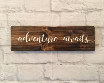 Adventure awaits Wood sign - Travel Sign - Explorer Sign - Nursery wall decor - Wooden sign - Tavel wall art - Rustic Wood Signs 3.5" x 12"