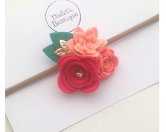 Tropical Flower Cluster, Pink Felt Flower Headband, Felt Flower Clip, Summer Bright Flower Crown, Nylon Headband, Baby Headband