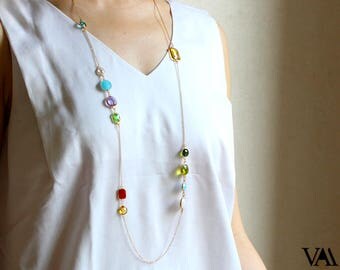 Dainty gold necklace crystal necklace Dainty necklace Peridot necklace sapphire necklace Aquamarine necklace long pendant school supplies