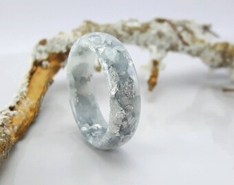 Resin Stacking Ring White Silver Flakes Small Faceted Ring OOAK minimalist jewelry