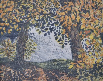 Slankamen - Original printmaking aquatint art piece - hand printed, print, landscape, paysage, view, nature, leaves, trees, fall,