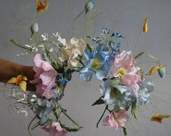 Poppy Butterfly Crown, Silk Flower Headpiece, Wedding Fascinator, Blue Hair Accessory, Bridal Crown, Gift for Her