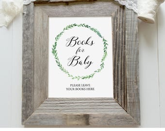 Books for Baby Sign, Baby Shower Book Request Sign, Bring a Book, Printable, Instant Download, Rustic Green Wreath, Digital PDF #013BRS