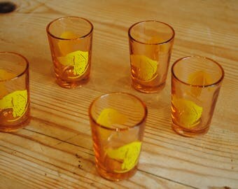 Vintage French orange barware 5 shot glasses Fox hunting hounds dogs