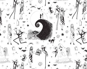 In Stock: Disney Fabric- The Nightmare Before Christmas - Jack & Sally in White by Camelot 100% cotton Fabric by the yard 36"x44" (CA177)