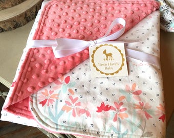 Minky Baby Blanket ~ Floral Coral, Pink, Mint, Navy Minky Blanket ~Baby Girl Bedding ~ Floral Nursery Decor