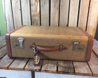 Vintage Tweed Suitcase with Leather Trim/Tweed Suitcase/Vintage Suitcase/Old Suitcase/Tweed Luggage/Vintage Luggage/Farmhouse Decor