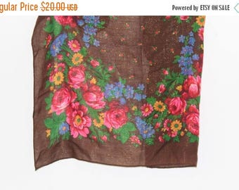 SALE Dark Brown Shiny Shawl Russian Floral Scarf Vintage Shawl Ukrainian Chale Dark Brown Gold Evening Wrap Shawl Boho Shawl Hipster Scarf