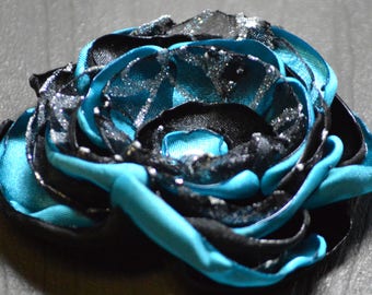 Black, Teal and Sparkle Satin and Organza Flower Hair Accessory, Black, Teal and Sparkle Flower Hair Clip