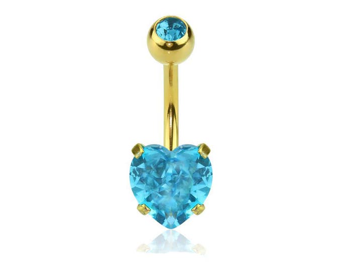 Gold Plated Prong Set Heart CZ 316L Surgical Steel Navel(Belly) Ring