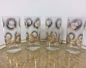 Mid Century Vintage Atomic Barware Glasses Set of 4 Starburst/Sunburst Gold and Black
