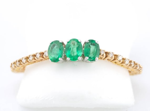 1/2ct 3-Stone Oval Emerald & Diamond 18K 2Tone Gold Flexible Stackable Band Ring