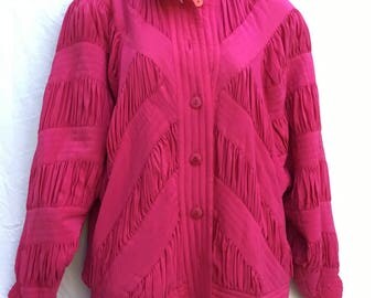 90's silk bomber bright pink batwing coat women's button jacket large quilted shirred